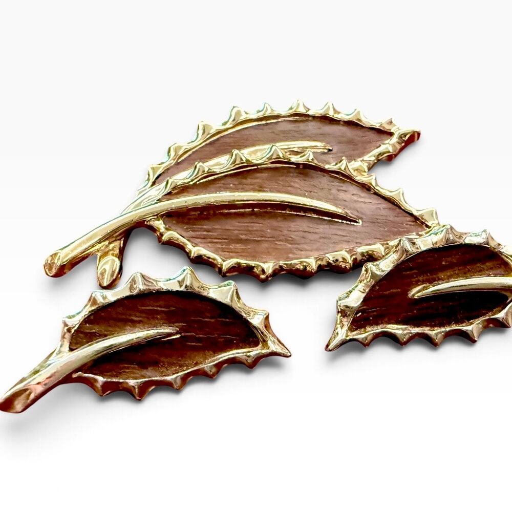 Vtg 1968 Sarah Coventry Wooded Beauty Brooch Earring Set Faux Wood Leaf